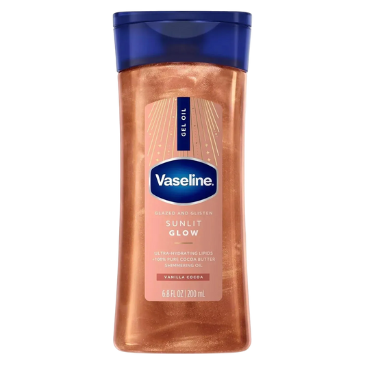 Vaseline Glazed and Glisten Sunlit Glow Body Gel Oil Vanilla Cocoa Shimmering with Ultra-Hydrating Lipids and 100% Pure Cocoa Butter, 6.8 Oz